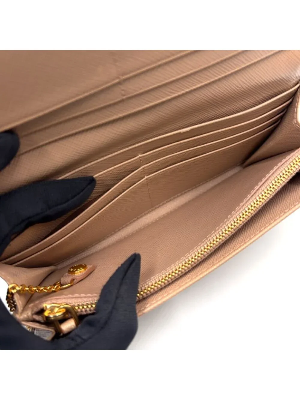 Prada Saffiano Metal Bifold Leather Pink Beige Wallet Gold